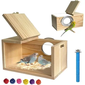 Transparent Parakeet Nesting Box,Wooden Parrot Nest Breeding Box with Perch