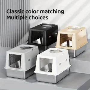 New Stainless Steel Cat Litter Box with Flip Cover Closed Design Easy to Clean Non-Slip Mat