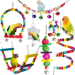 7pcs Pack Wood Parrot Toys Swing Suspension Bridge