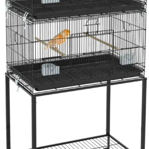 Double Stackable Bird Cage with Stand, Wooden Swing, Rope Ladder & Wheels for Canaries, Lovebirds Finches